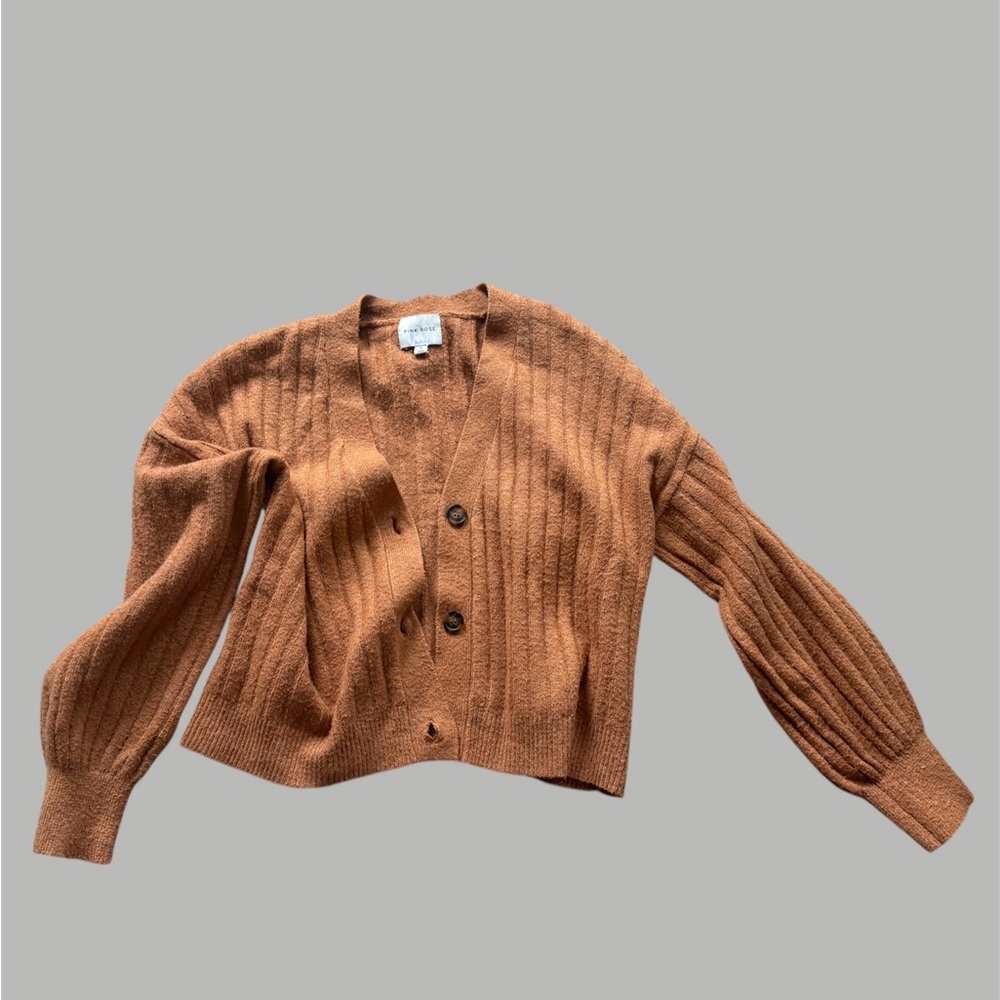 Women's Ribbed Brown Cardigan Sweater